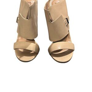 Hugo Boss Beige Leather Heeled Mules With Gold Block Heel & Buckle Detail